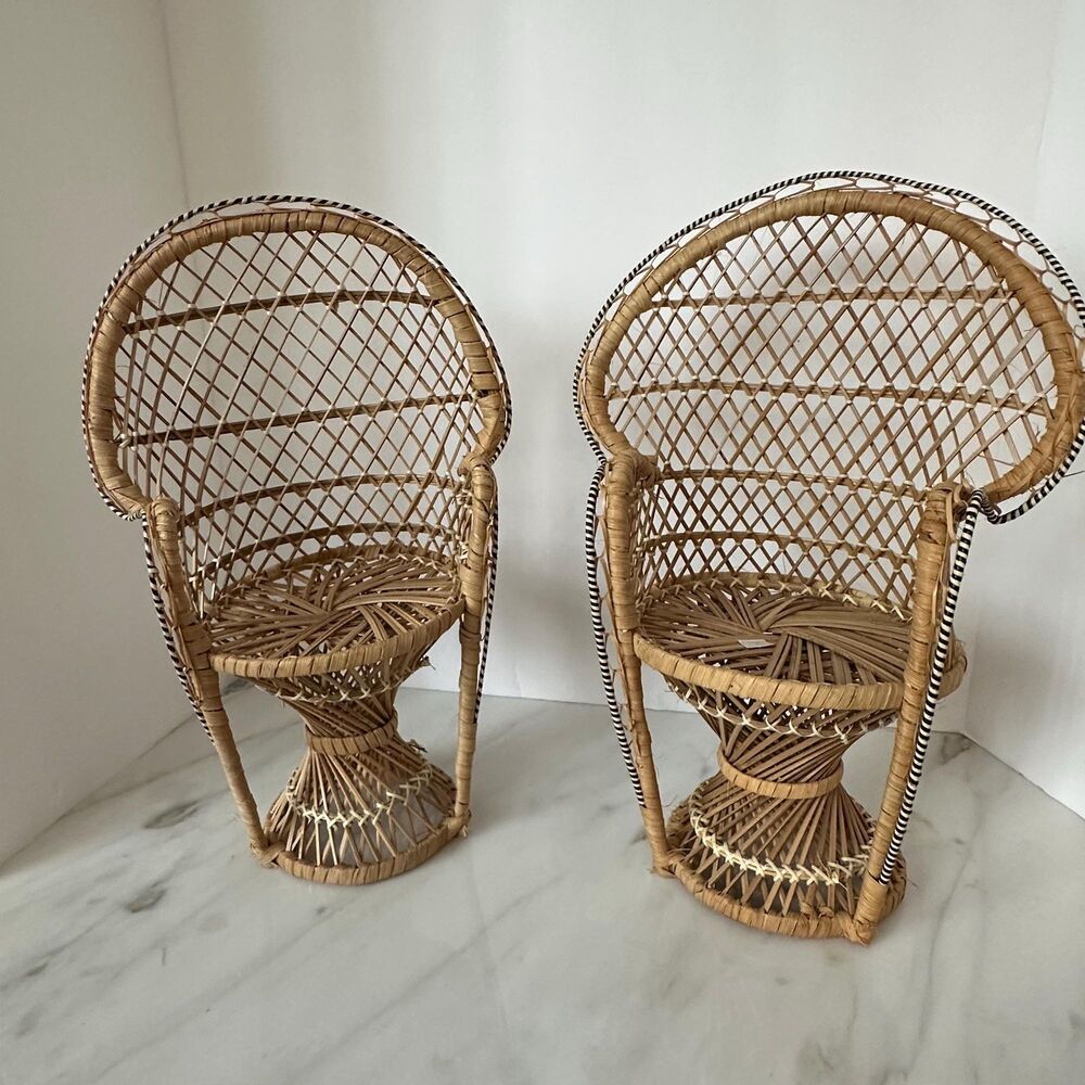 Vintage Philippines Mini Wicker Peacock Chair Set 2 Rattan Doll Plant Stand 16”